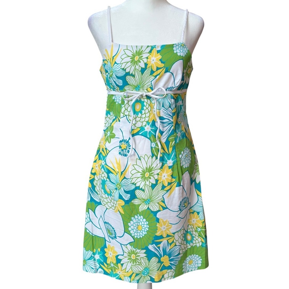 VTG Y2K City Triangles Floral Mini Dress Green Coconut Girl Empire Tie‎ Waist S